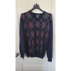 Marco FIori 100% Extra Fine Merino Wool V Neck Argyle Sweater L Made in Italy